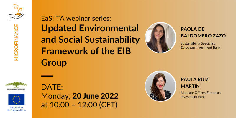 Join the EaSI Technical Assistance Webinar:   Updated Environmental and Social Sustainability Framework of the EIB Group.   